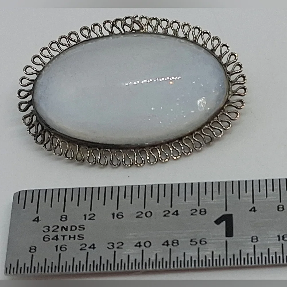 * Vintage Edwardian Sterling Silver 925 Opalescent Moonstone Glass Pin Brooch